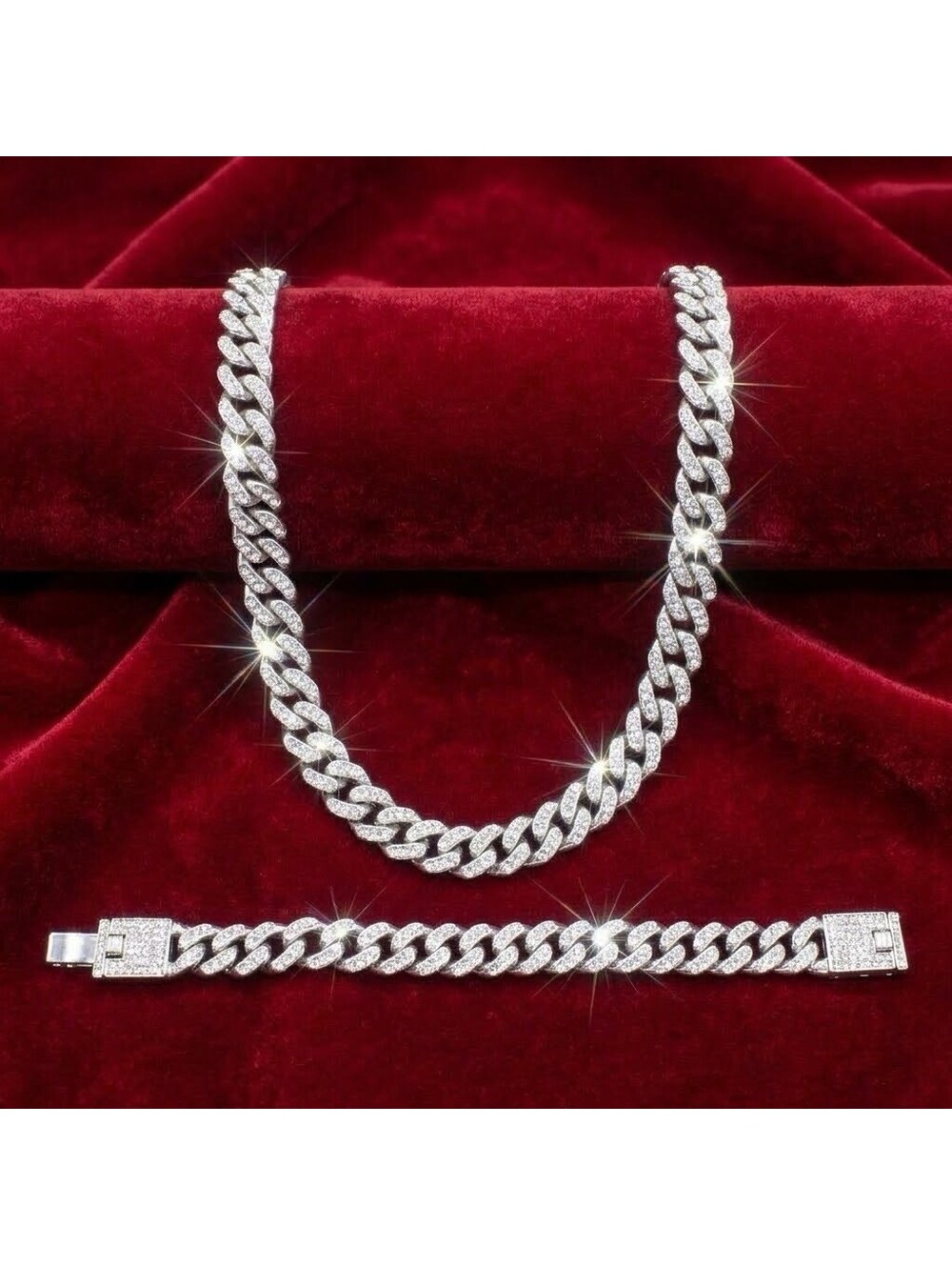 Set Iced Out Mens Cuban Link Chain Necklace Bracelet Silver Tone Rhinestone